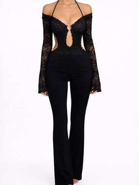 Black Lace Cutout Halter Jumpsuit